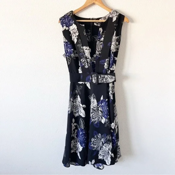City Chic Epic Floral Black Blue Belted Fit & Flare Belted Dress - Picture 3 of 11